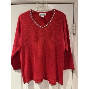 Cathy Daniels Women's Red V-Neck Sweater Beaded 3/4 Sleeve XL